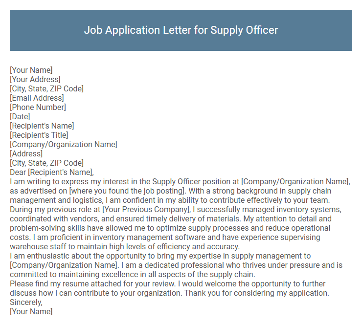 Job Application Letter for Supply Officer