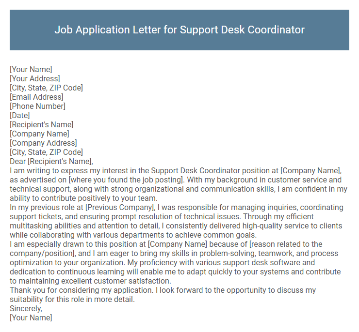 Job Application Letter for Support Desk Coordinator