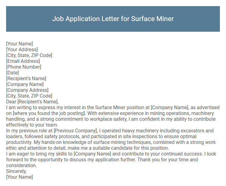 Job Application Letter for Surface Miner