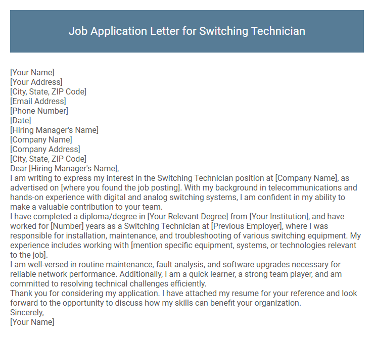 Job Application Letter for Switching Technician