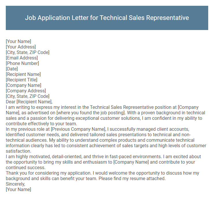 Job Application Letter for Technical Sales Representative