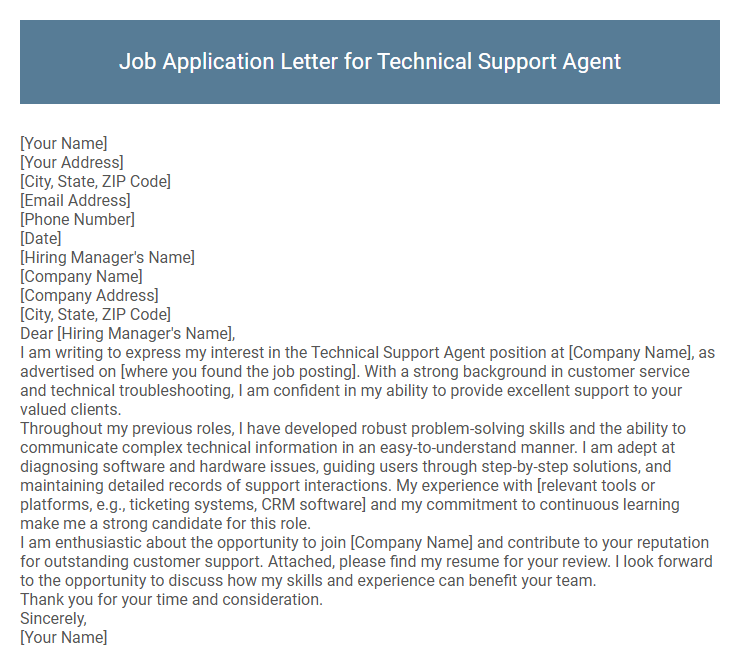 Job Application Letter for Technical Support Agent