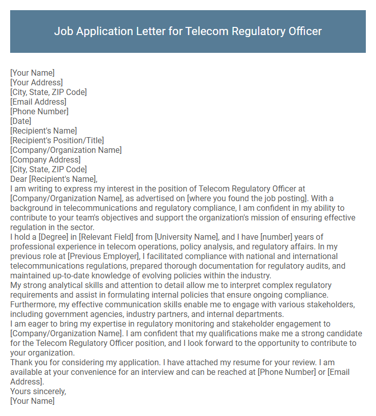 Job Application Letter for Telecom Regulatory Officer