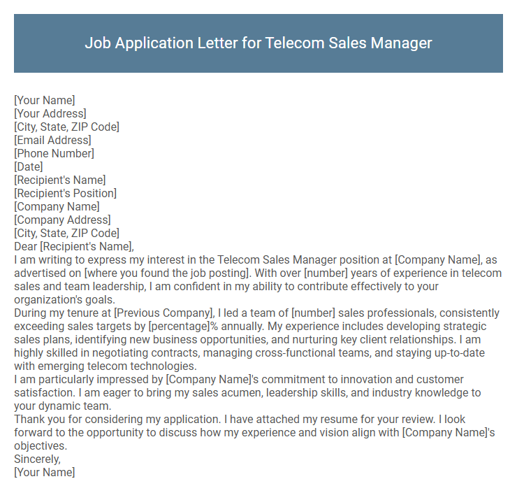 Job Application Letter for Telecom Sales Manager