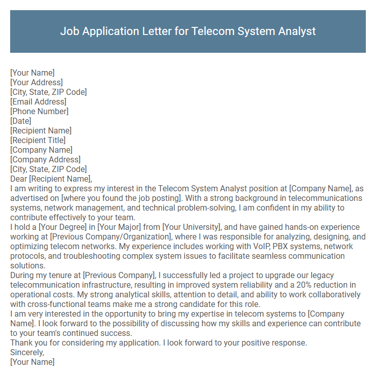 Job Application Letter for Telecom System Analyst