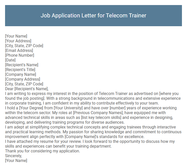 Job Application Letter for Telecom Trainer