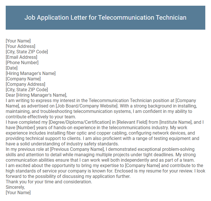 Job Application Letter for Telecommunication Technician