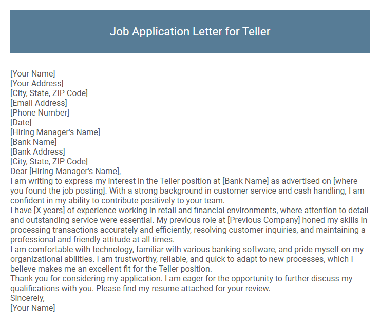 Job Application Letter for Teller