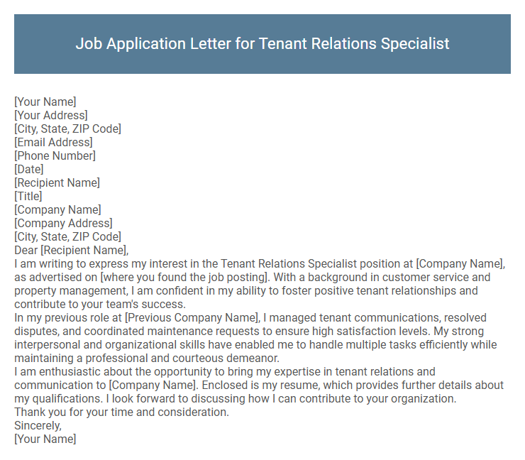 Job Application Letter for Tenant Relations Specialist