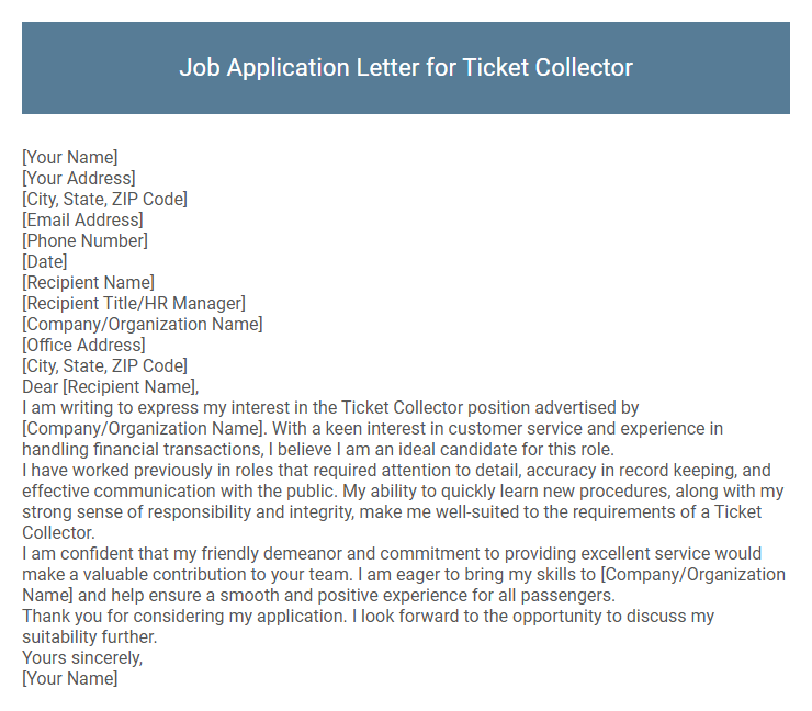Job Application Letter for Ticket Collector