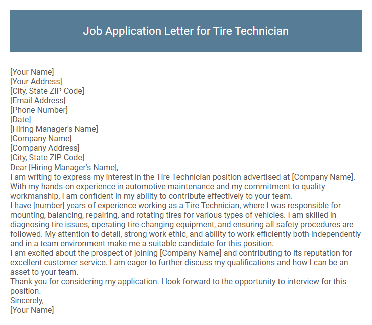Job Application Letter for Tire Technician