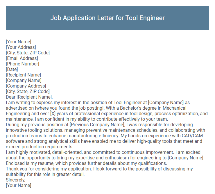 Job Application Letter for Tool Engineer
