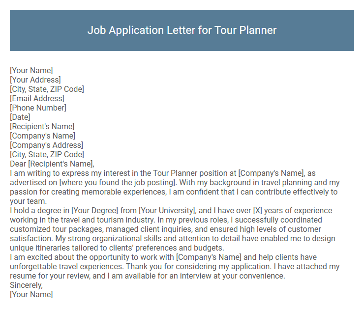 Job Application Letter for Tour Planner
