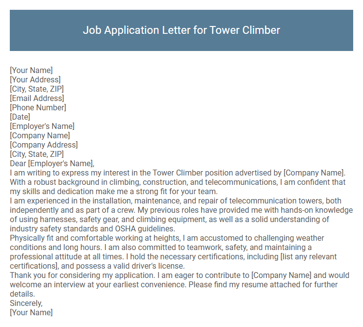 Job Application Letter for Tower Climber