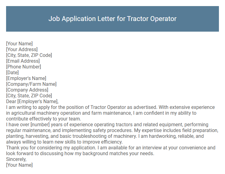 Job Application Letter for Tractor Operator