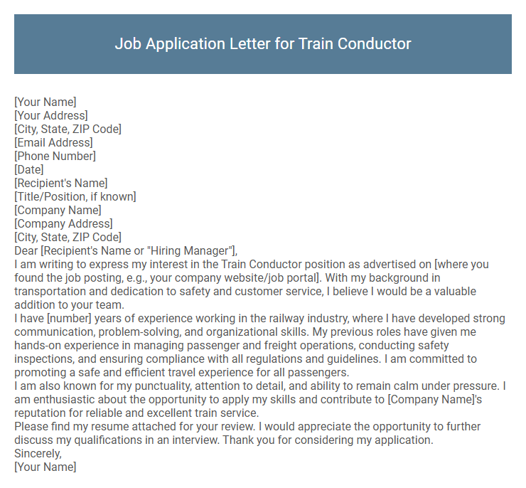 Job Application Letter for Train Conductor