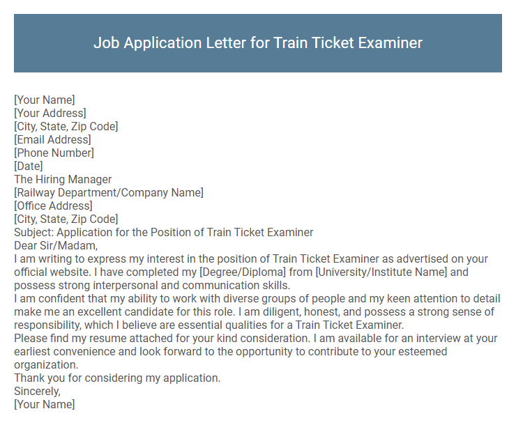 Job Application Letter for Train Ticket Examiner