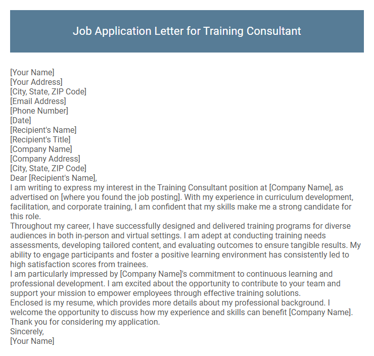Job Application Letter for Training Consultant
