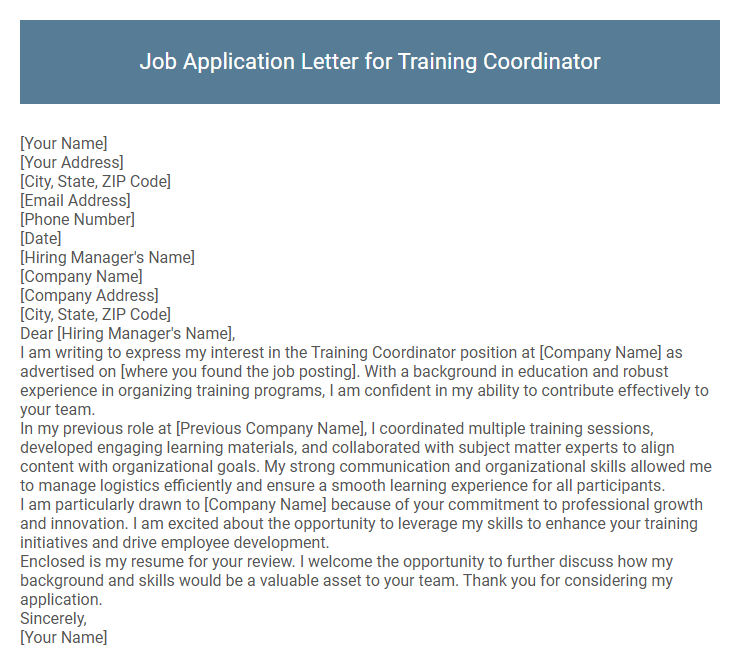 Job Application Letter for Training Coordinator