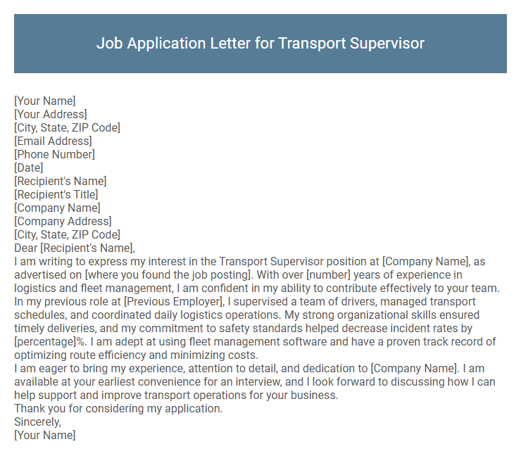 Job Application Letter for Transport Supervisor