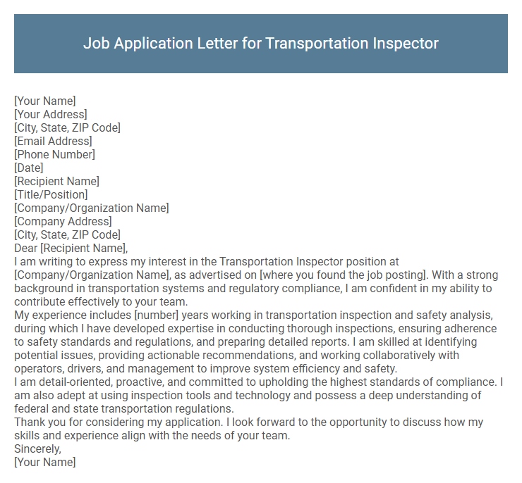 Job Application Letter for Transportation Inspector