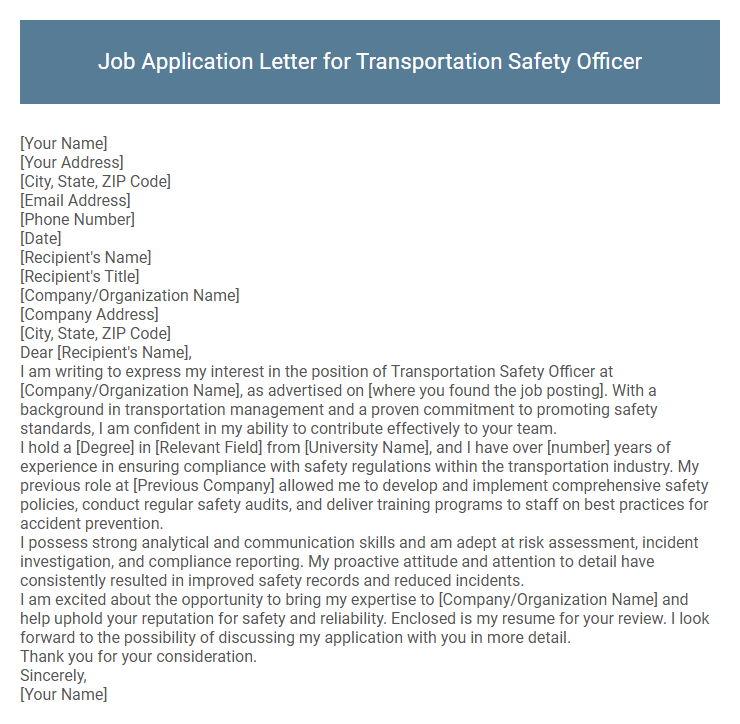Job Application Letter for Transportation Safety Officer