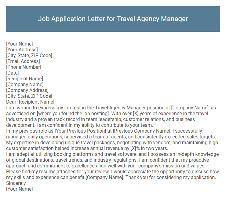 Job Application Letter for Travel Agency Manager
