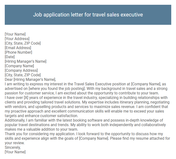 Job application letter for travel sales executive