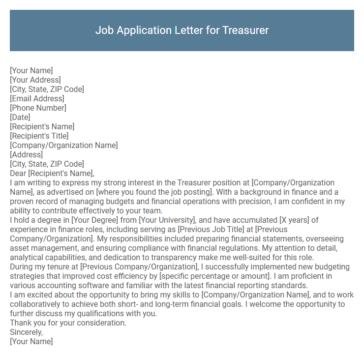 Job Application Letter for Treasurer
