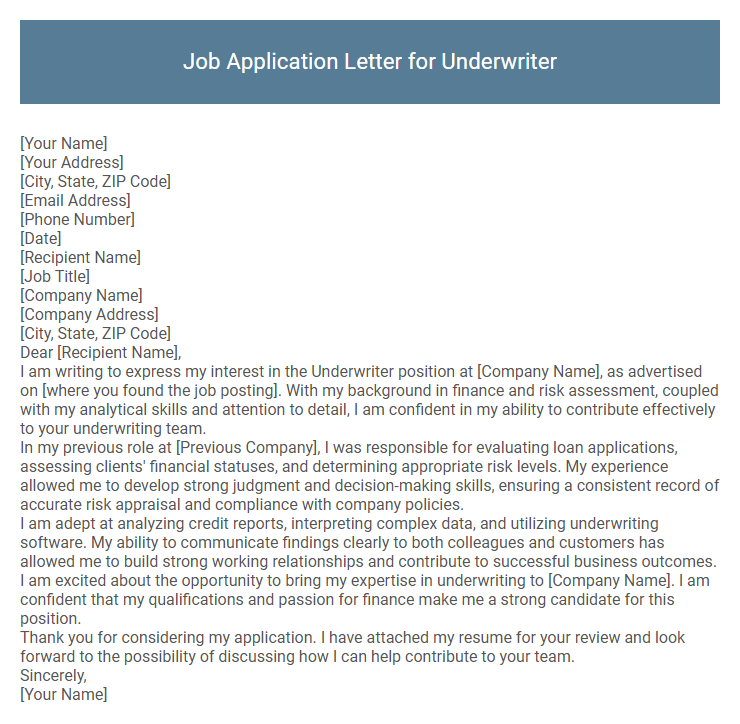 Job Application Letter for Underwriter