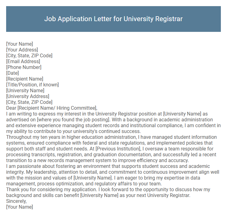 Job Application Letter for University Registrar