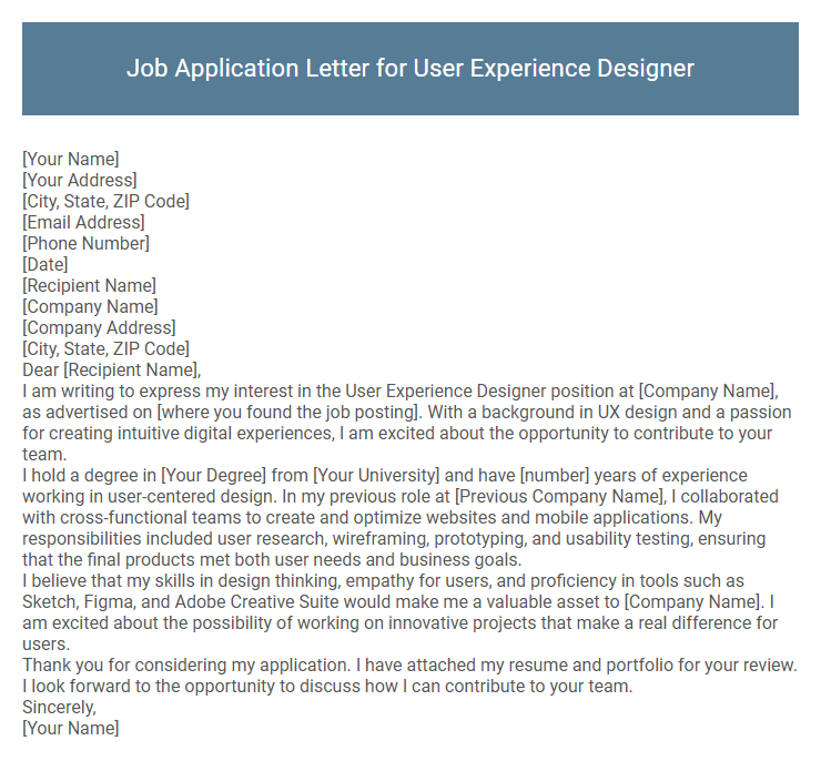 Job Application Letter for User Experience Designer