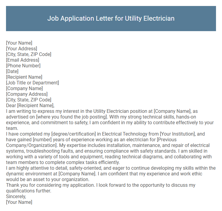 Job Application Letter for Utility Electrician