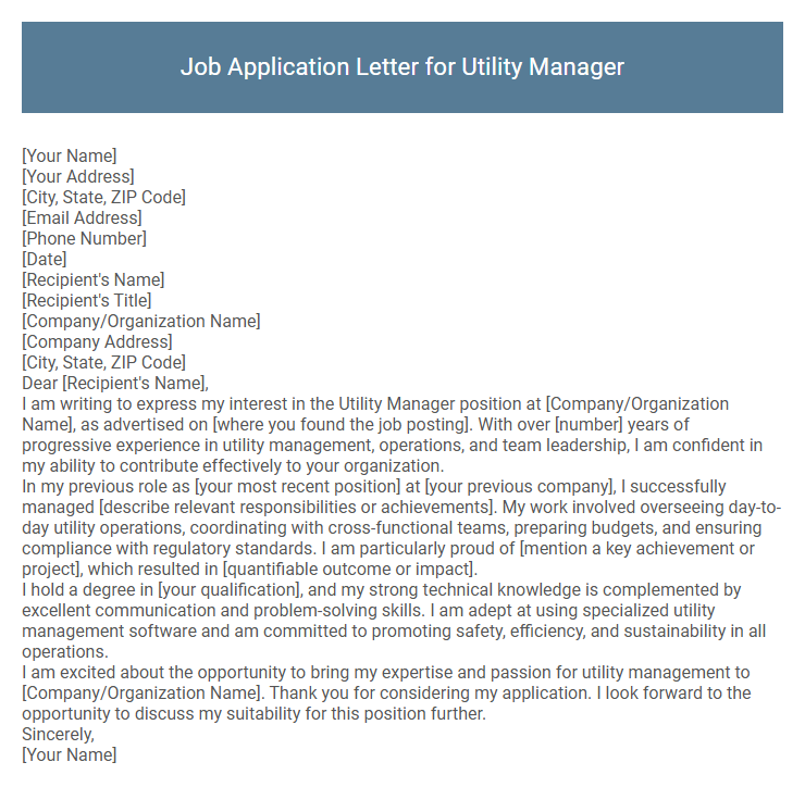 Job Application Letter for Utility Manager