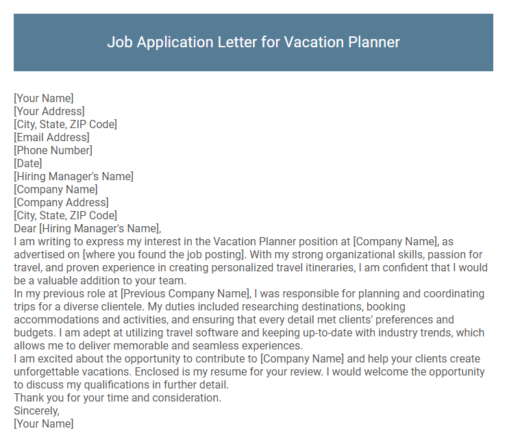 Job Application Letter for Vacation Planner