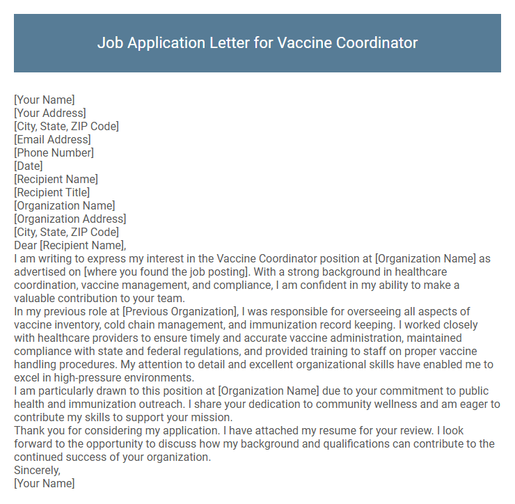 Job Application Letter for Vaccine Coordinator