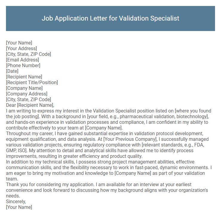 Job Application Letter for Validation Specialist