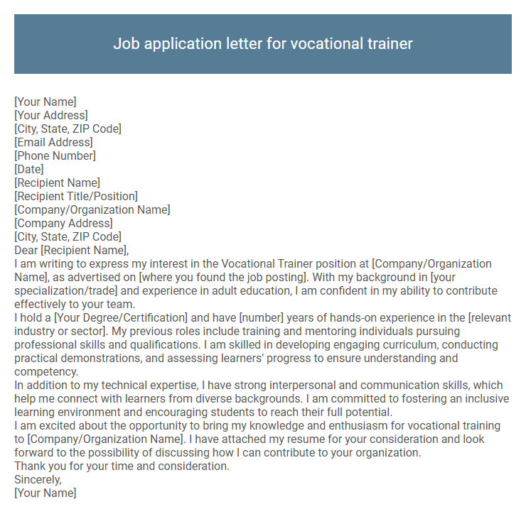 Job application letter for vocational trainer