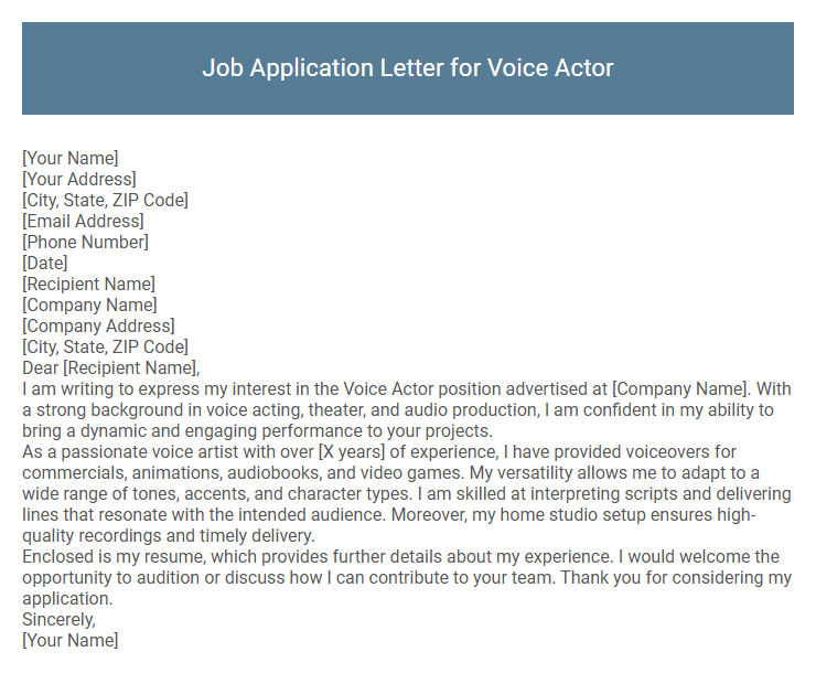 Job Application Letter for Voice Actor