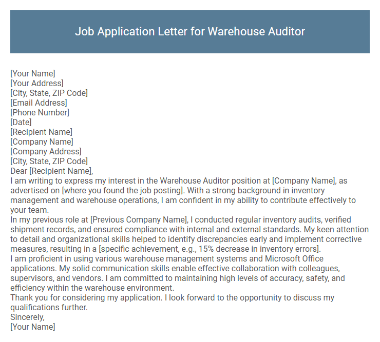 Job Application Letter for Warehouse Auditor