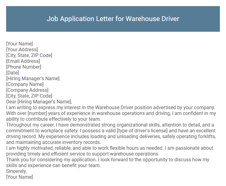 Job Application Letter for Warehouse Driver