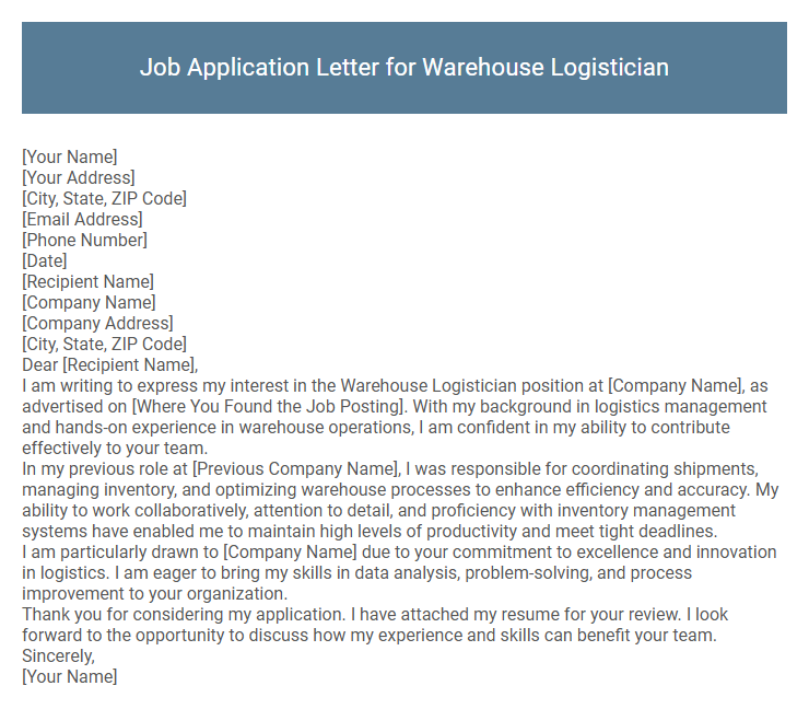 Job Application Letter for Warehouse Logistician