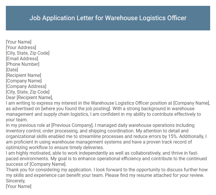 Job Application Letter for Warehouse Logistics Officer