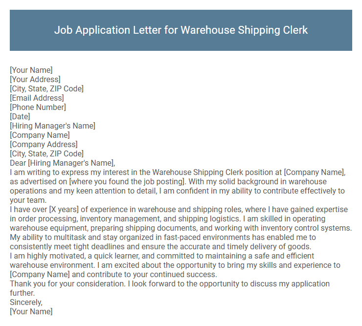 Job Application Letter for Warehouse Shipping Clerk