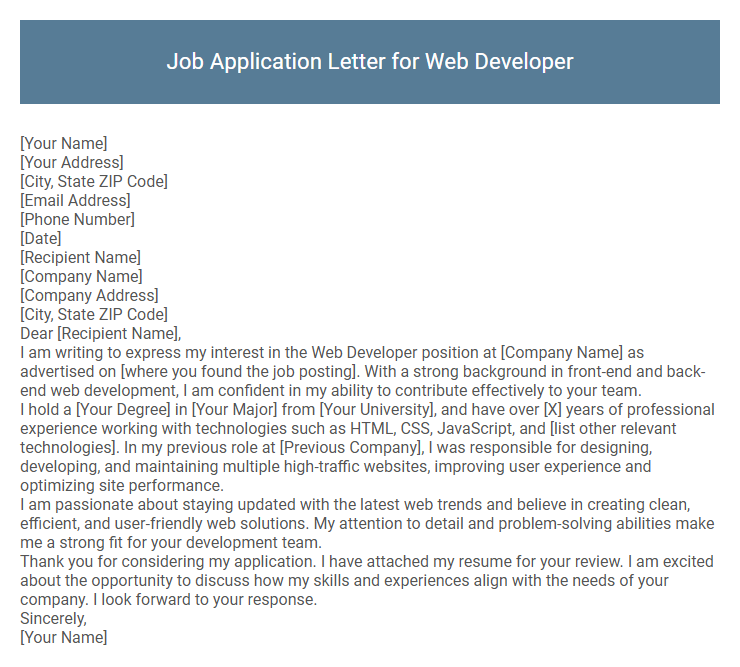 Job Application Letter for Web Developer