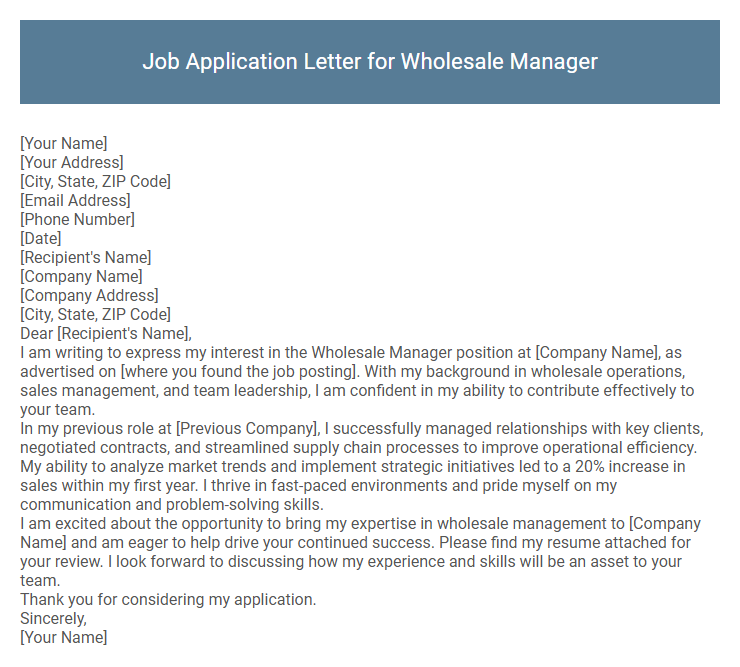 Job Application Letter for Wholesale Manager