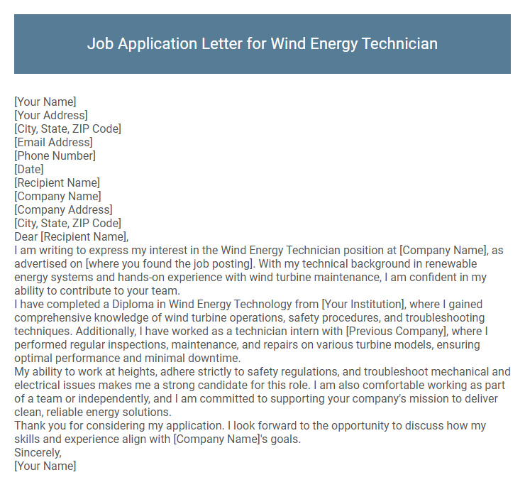 Job Application Letter for Wind Energy Technician