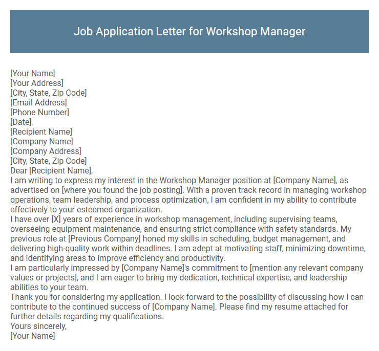 Job Application Letter for Workshop Manager