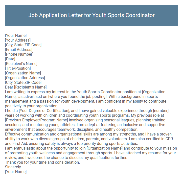 Job Application Letter for Youth Sports Coordinator
