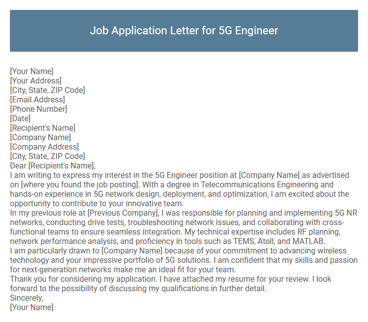 Job Application Letter for 5G Engineer